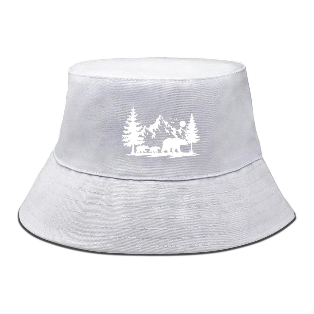 Bucket Hat With White Forest Mountains Print , Animal Fisherman Hat Solid Color Beach Simple Beach Cap