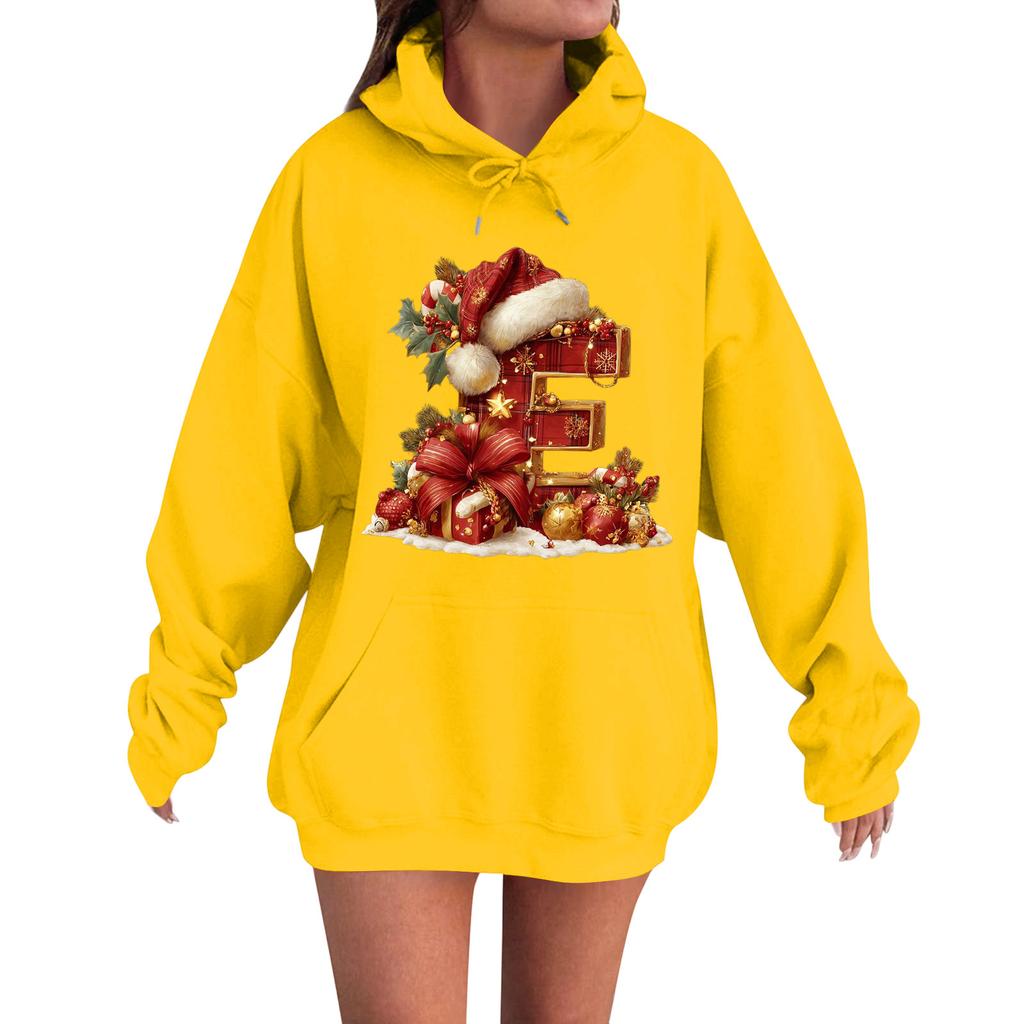 Women's Casual Comfortable Long-Sleeved Christmas Letter-Printed Warm Hooded Crew-Neck Sweatshirt