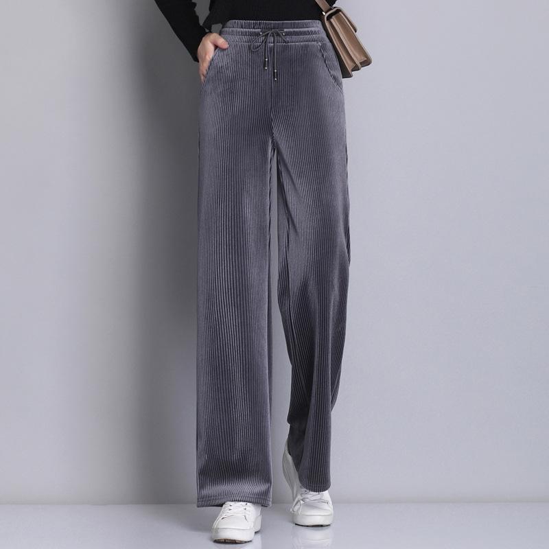 Plus Size Women's Spring Autumn Winter Solid Colour Casual Sweatpants Loose Elastic Waist Corduroy Padded Wide Leg Straight Pants