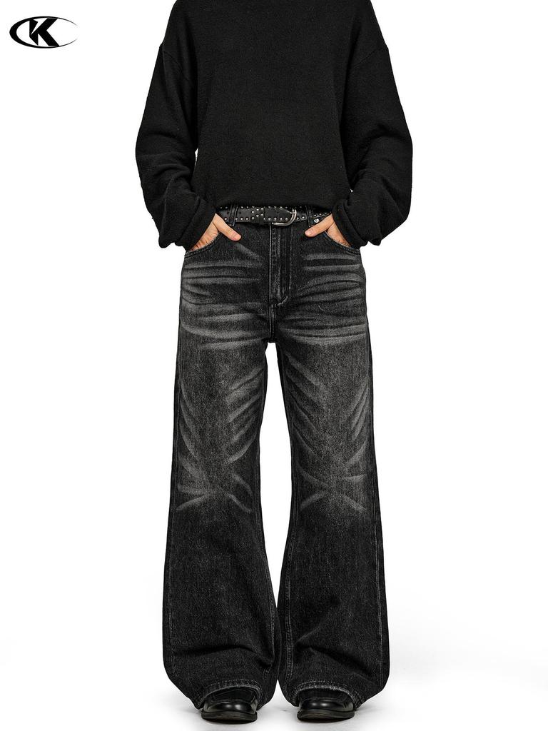 Unisex Retro Black Straight-Leg Whisker-Wash Jeans with Clean Fit and Slight Flare