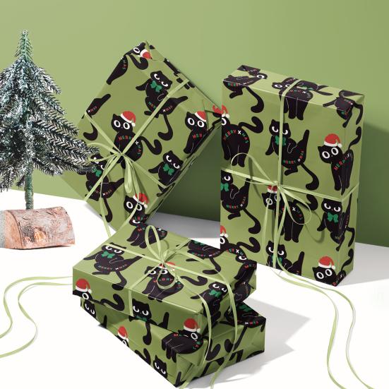Christmas Cat Wrapping Paper 16.4 Ft Cute Black Cats Gift Wrap Roll Holiday Gift Wrap for Boys Girls Cat Lovers Christmas Party