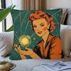 1pc Pillowcase, Retro Sci-Fi Art with Women And Celestial Bodies Pattern, 45Cm X 45Cm, Soft And Smooth Polyester Short Plush Fabric, Single-Sided Prin