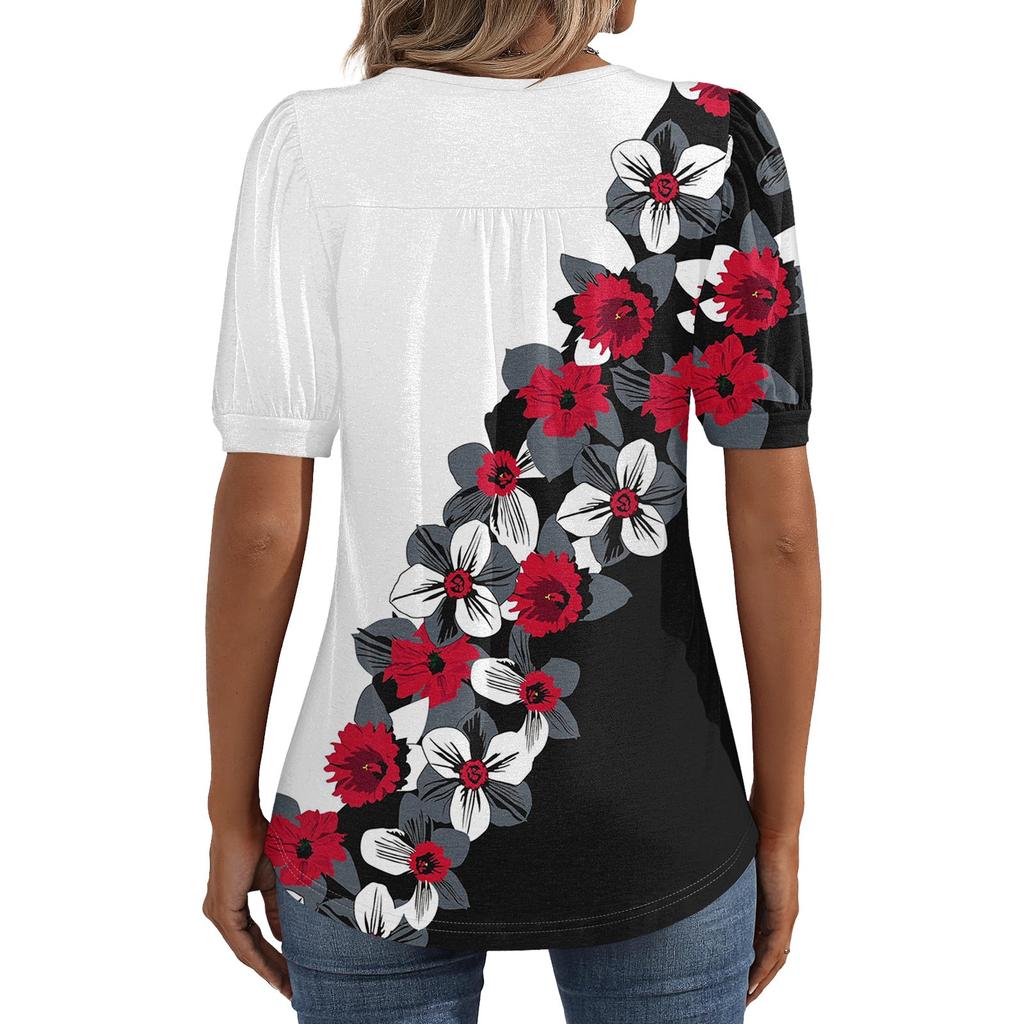 Женские пышные туники с короткими рукавами, топы, плиссированные блузки с воротником, повседневные свободные весенне-летние футболки