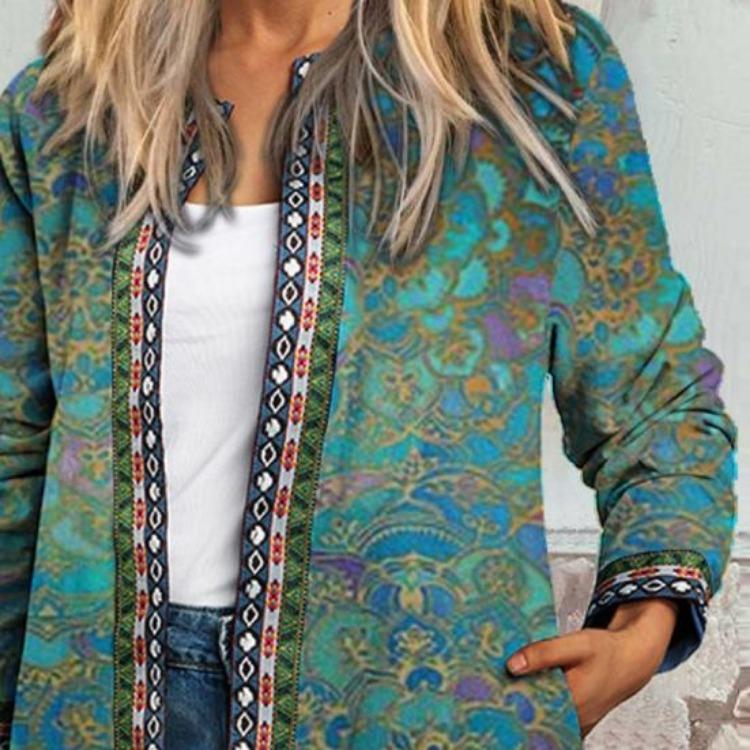 Винтажный кардиган с U-образным вырезом и цветочным принтом, женское пальто свободного кроя с открытой вязкой для осени, насыщенных цветов, с длинными рукавами и карманами, не выцветает, весна-осень