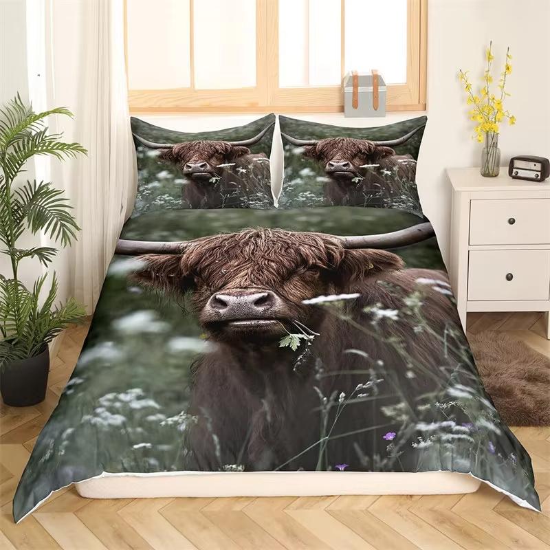 Kids Highland Cattle Flower Duvet Cover Set Farm Animal Bull Cow Comforter Cover Microfiber Western Cowboy Twin King Bedding Set