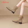 Aphixta 3.5cm Med Heel Ankle Boots Women Back Zipper Khaki Westen Boot Pointed Toe Women's Ankle Boots Botas Cowboy Mujer