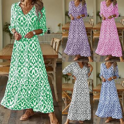 Женское платье макси в стиле бохо с рукавами 3/4 и V-образным вырезом с принтом