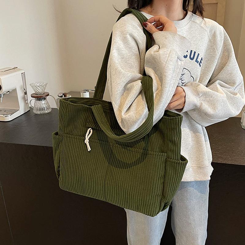 Casual Corduroy Handbag Zipper Closure Light and Large Capacity Shoulder Bags Solid Color Women's Daily Commuter Tote