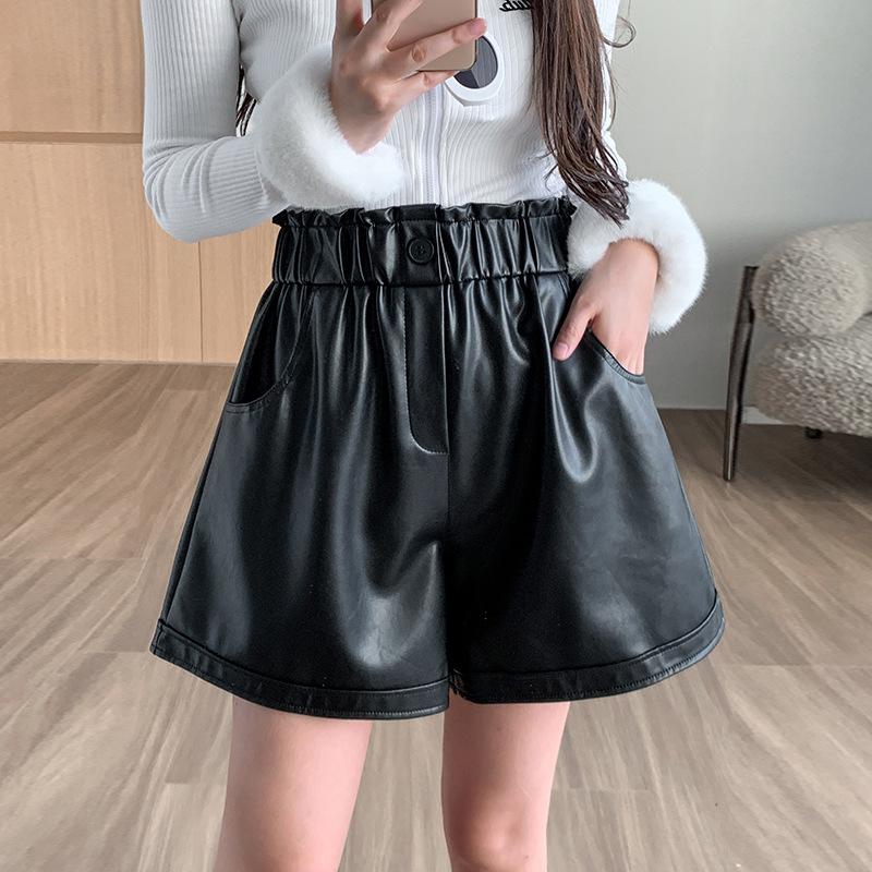 Кожаные брюки, шорты, женские модные свободные брюки трапециевидной формы с высокой талией и широкими штанинами