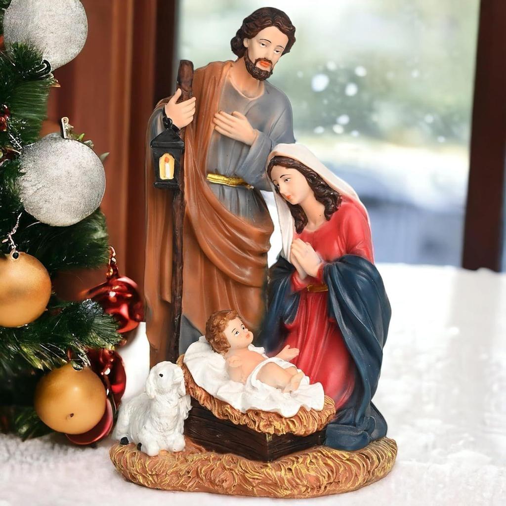 Poly Resin Crib Set Nativity Set Holy Family Statue with Sheep Catholic Idol Perfect for Altar, Housewarming, Gifting and Decoration