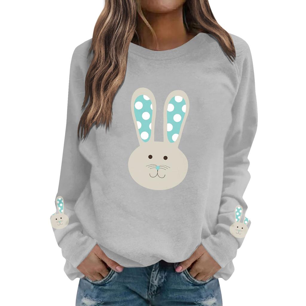 Женская мода повседневная толстовка с длинным рукавом и круглым вырезом с принтом пасхального кролика