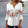 Весна/лето Модная женская футболка с цветочным принтом, V-образным вырезом, коротким рукавом, плиссированная, на пуговицах
