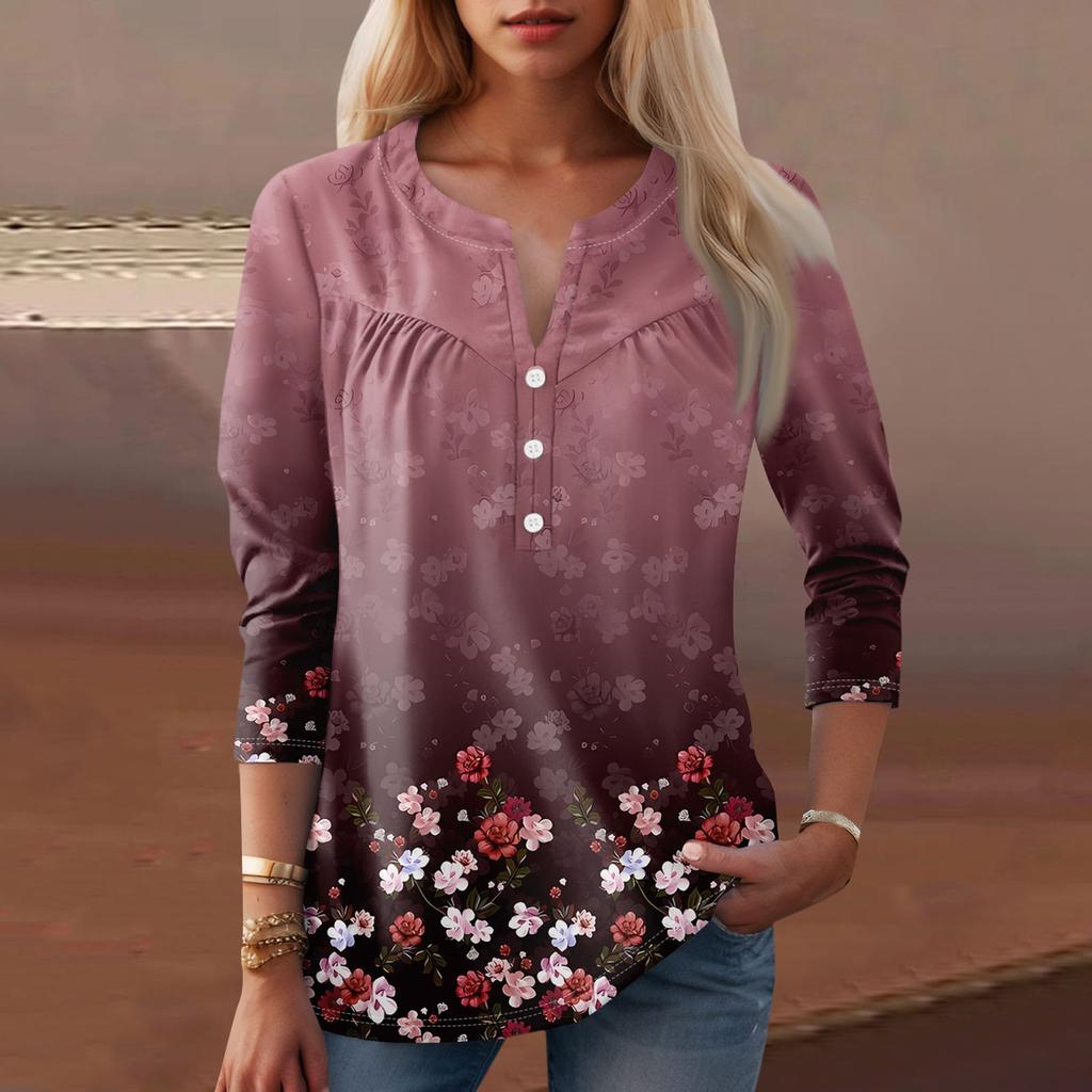 Women's Fashion Casual Long Sleeve Round Neck Floral Print Top