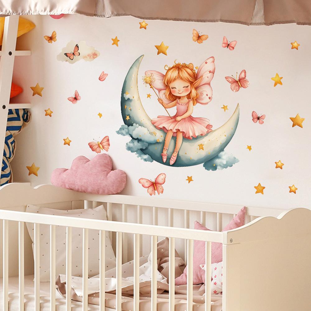Мультяшная Маленькая Девочка Луна Звезды Спальня Гостиная Дом Фон Украшение Наклейки на Стену