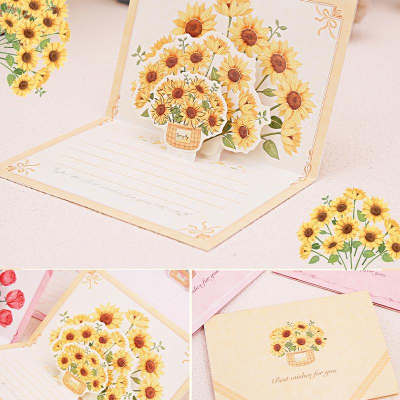 1 шт. Поздравительная открытка 3D Букет подсолнухов Открытка на день рождения Всплывающая Креативная бумажная открытка Розы Тюльпаны