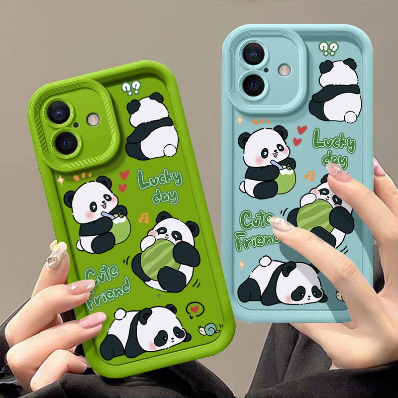 Lucky Panda Pattern Solid Color Shell для iPhone 16 Pro 15 14 Plus 13 12 Pro Max 11 Xs Xr 8 7 Ударопрочный мягкий TPU защитный чехол для объектива от падений