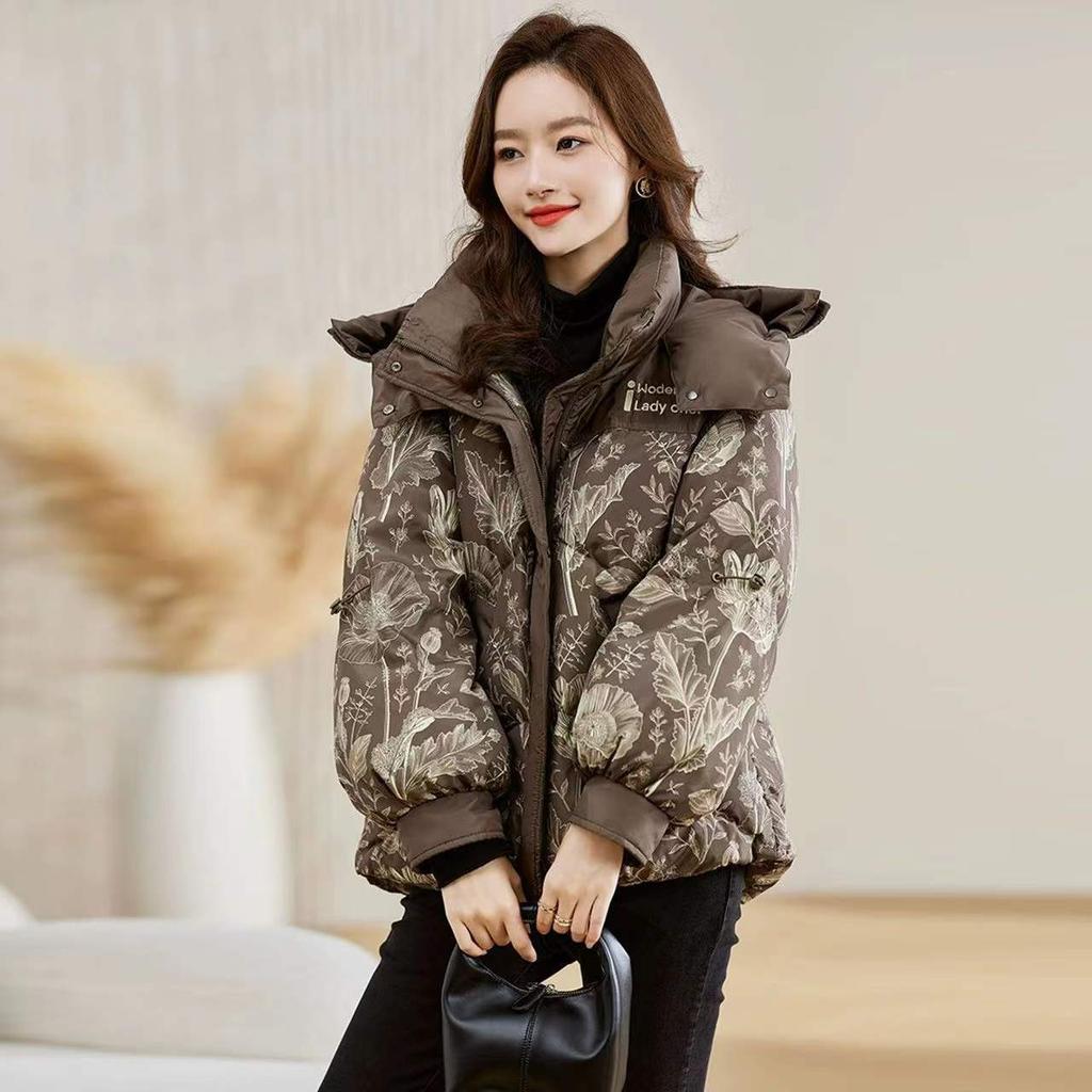 Women Stylish Winter Short Padded Coat Thickened Warm Jacket with Printed Design Petite Size