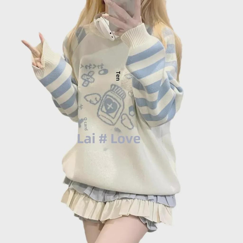 Синий полосатый вязаный свитер Y2K с длинными рукавами - женский осенне-зимний топ с круглым вырезом.