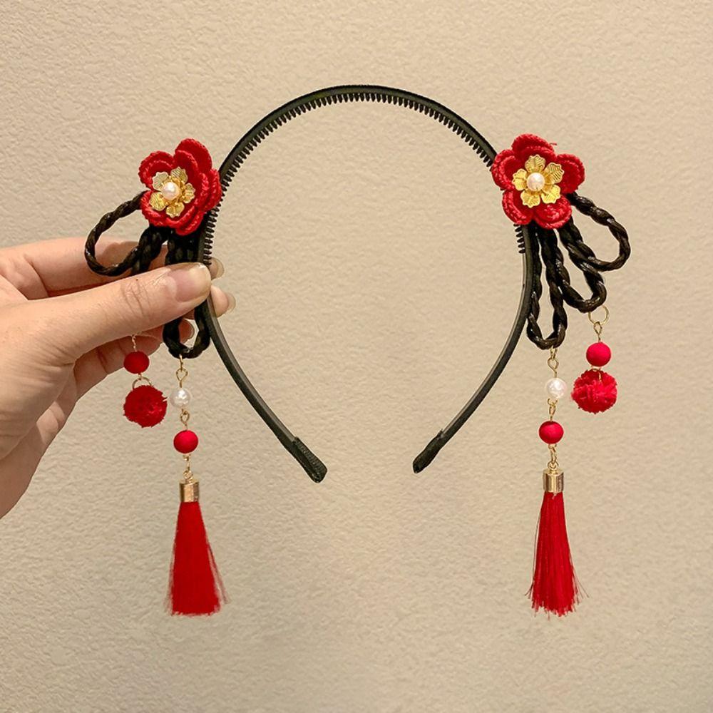 Braid Hair Children Wig Headband Flower Hanfu Hair Sticks Simple Red Bow Hairband Baby