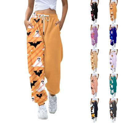 Женские повседневные брюки с принтом на Хэллоуин, эластичные брюки с завязками на талии