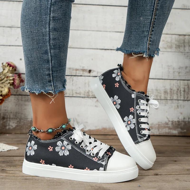 Fashion Women's Sneakers Design Round Toe Flower Print Canvas Sneakers All Match Outdoor Walking White Shoes Women Zapatos Para Mujeres