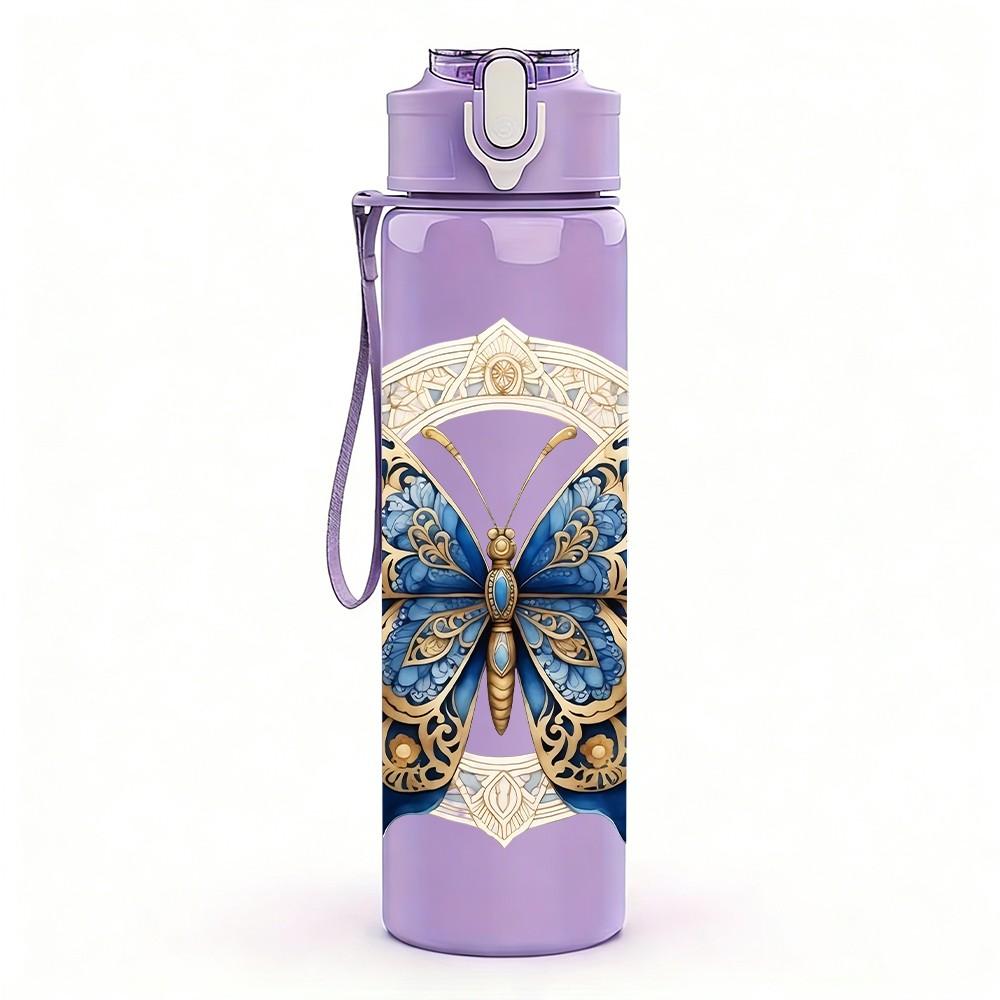 1PC Ornate Blue Butterfly Pattern 750ml Color Plastic Sports Water Bottle Leakproof Flip Straw Lid Suitable for Sports Office Home Use