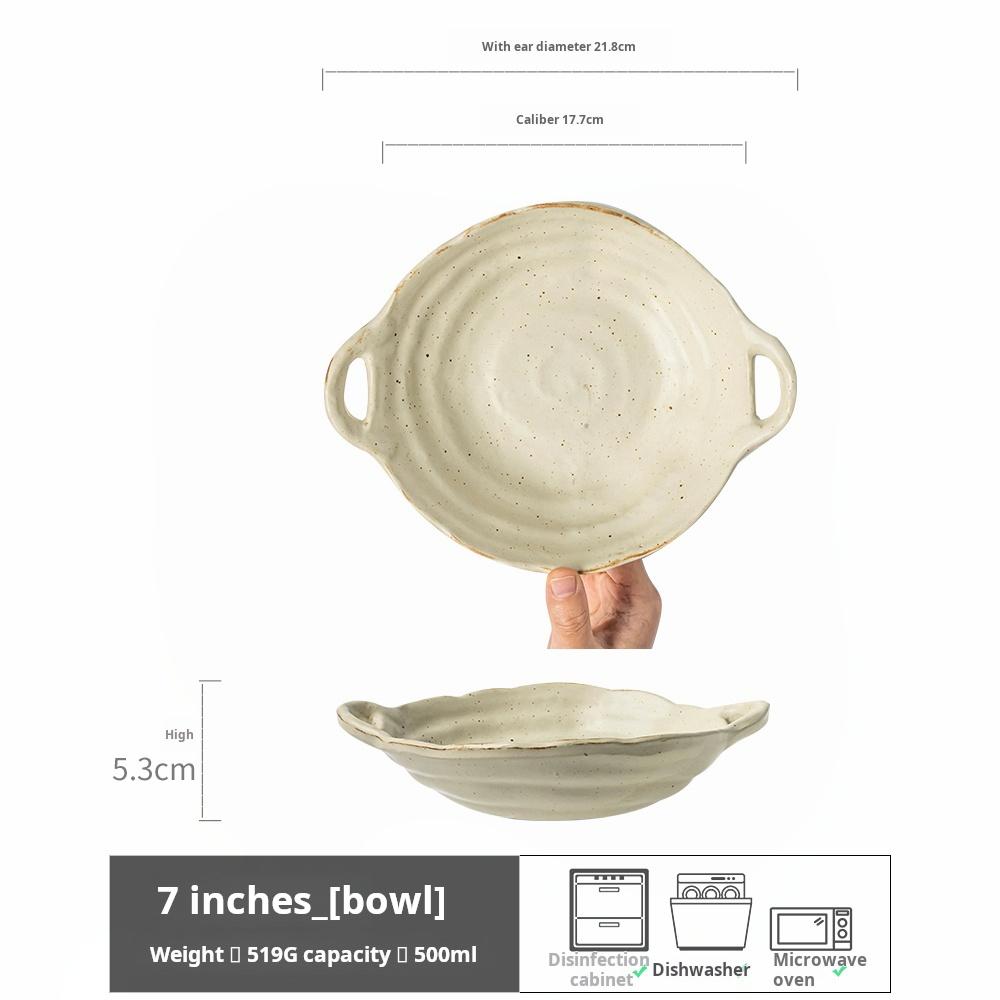 Тарелка из грубой керамики, японская ретро керамическая тарелка с двойными ручками, тарелка для салата, бытовая тарелка для фруктов ручной работы, салатник