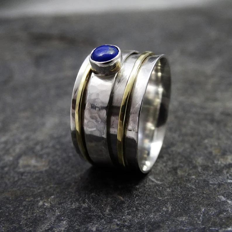 Серебряное кольцо для медитации с лазуритом и драгоценным камнем, кольцо из стерлингового серебра 925 пробы, кольцо с серебряной лентой, подарок для женщин, около 6,5 г