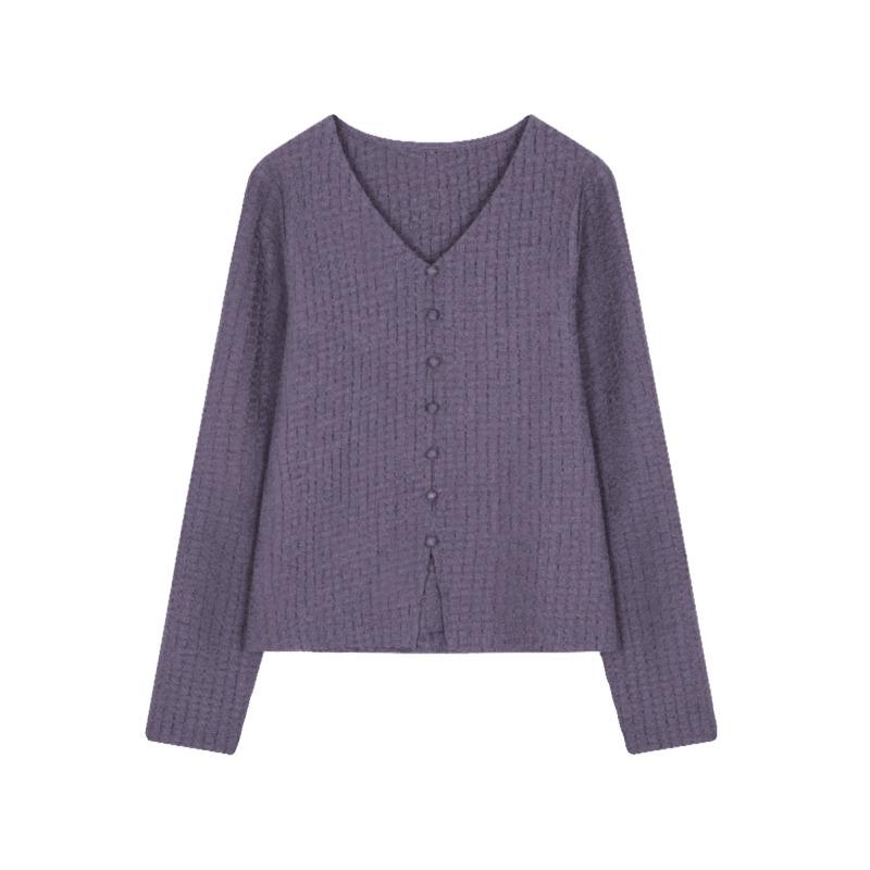 Нежный темперамент текстура универсальная футболка весна новая женская модная и тонкая рубашка с V-образным вырезом