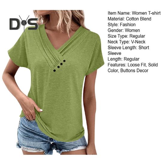 Женская футболка с V-образным вырезом, коротким рукавом, свободный крой, пуговицы, декор, однотонный пуловер, топы, повседневная одежда