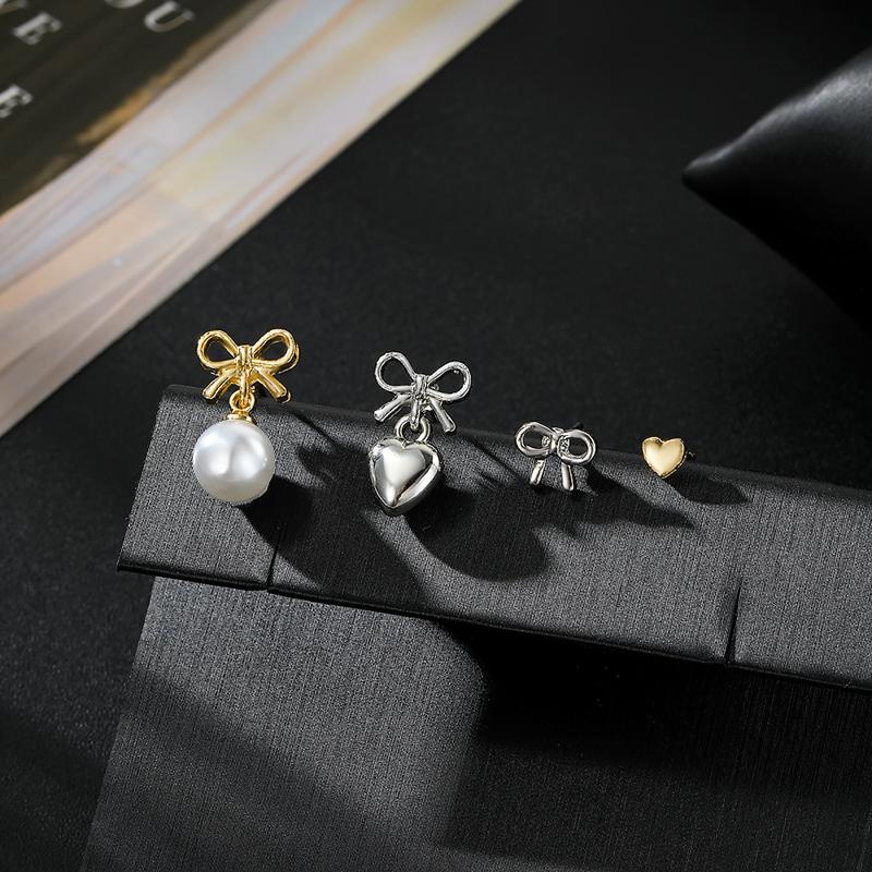 2025 New Arrival White Imitation Pearl Asymmetric Stud Earrings for Women Simple Metal Bow Heart-Shaped Earrings Date Jewelry