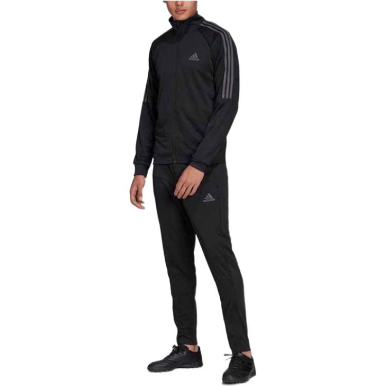 adidas Мужской комплект: спортивный костюм с принтом логотипа в полоску на молнии и прямые спортивные брюки, мужской комплект, черный, серый, H28916