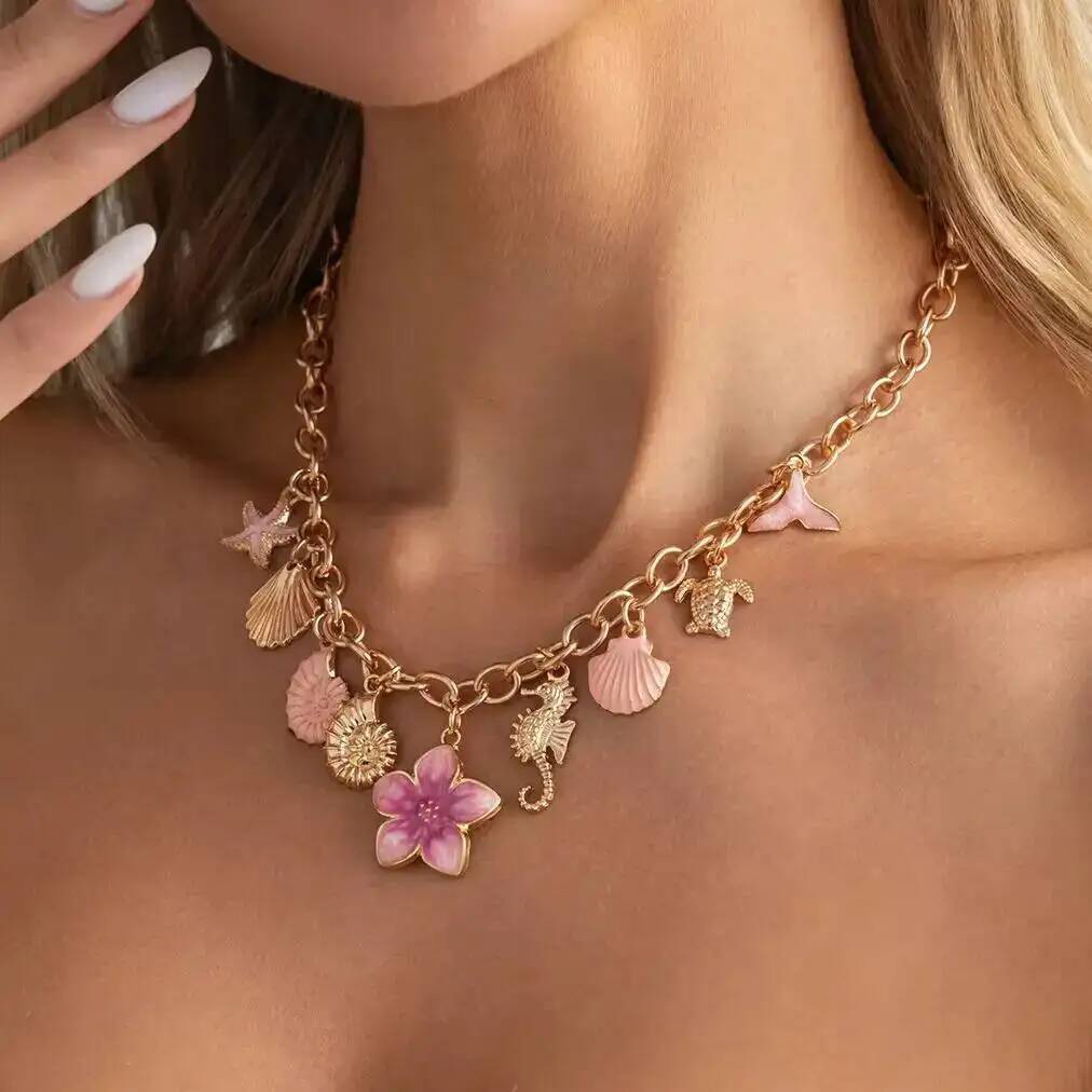 IngeSight.Z Sweet Romantic Starfish Shell Pink Flower Pendant Choker Necklace Women Summer Beach Charm Aesthetics Jewelry Gift