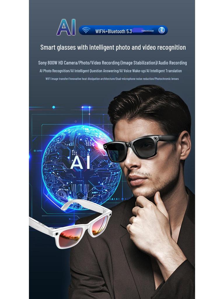 AI Smart 800W Bluetooth Glasses W610: Object Recognition, Teaching, Translation, WiFi, Navigation, Camcorder.