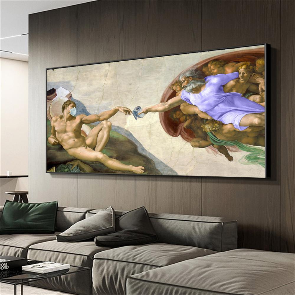 Funny Toilet Paper Poster Michelangelo Creation of Adam Famous Figure Portrait Canvas Painting Wall Art Bathroom Room Decoration