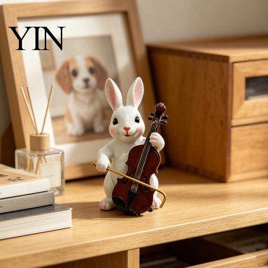 Decorative Garden Ornament Cute Rabbit Playing Violin Ornament, Synthetic Resin Animal Figurine, Durable Waterproof Figurine Realistic Hand