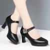 Women's Pumps Pointed Toe Office Soft Leather Flower Buckle Strap Platform High Heels Four Season Shallow Mouth Single Shoes
