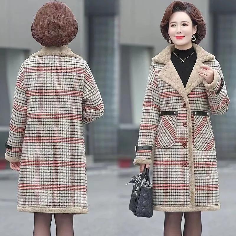 Зимнее плюшевое пальто для пожилых мам среднего возраста, большой размер, толстое теплое длинное шерстяное пальто, модная женская клетчатая парка, куртка 8XL 9XL