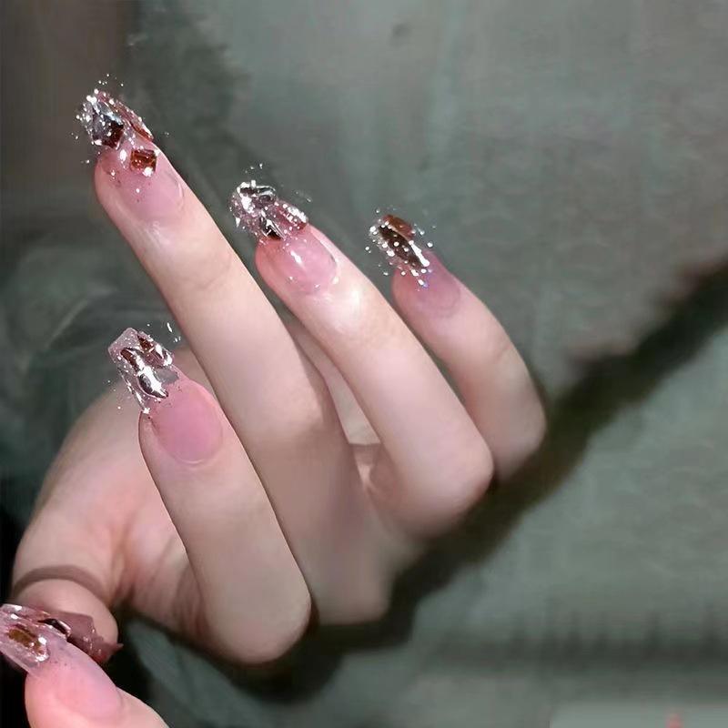 Искусственные ногти ручной работы с необычными бриллиантами, светло-розовые, Аврора, супер вспышка, фототерапевтические ногти, многоразовые и съемные ногти