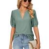 Женская футболка с коротким рукавом, летние повседневные однотонные свободные топы с V-образным вырезом и ажурными буфами