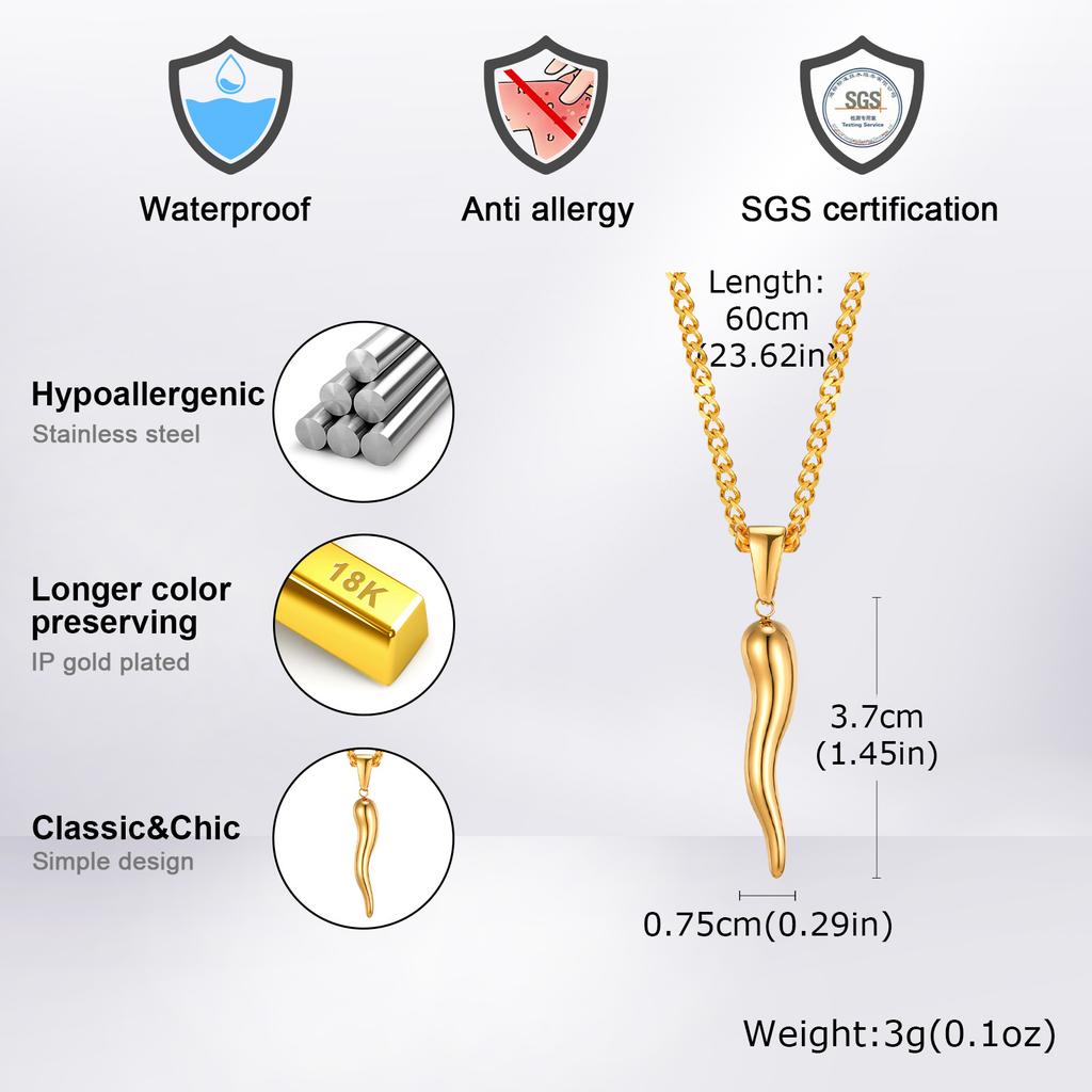 ITALIAN HORN Necklaces for Men Women,Stainless Steel Italian Cornicello Charm Pendant Necklaces,Unisex Jewelry Gifts