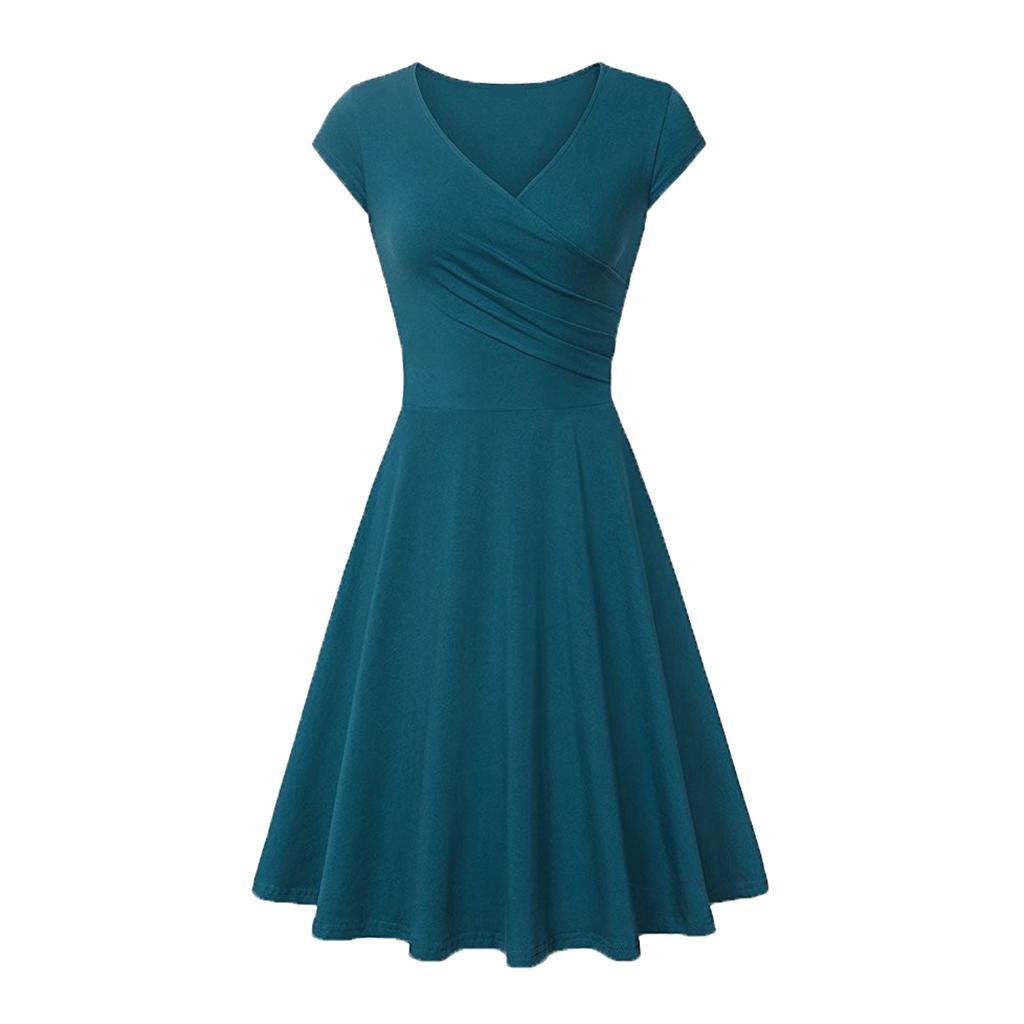 Fashion Women Solid Color Dress V-Neck Short Sleeve Evening Party Dress