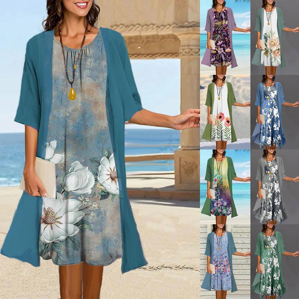 Women's Two-piece Dress Printed Vest Medium Length Dress Cardigan Jacket Suit