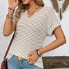 Ladies Summer Short Sleeve V Neck Striped Pullover T Shirt Top