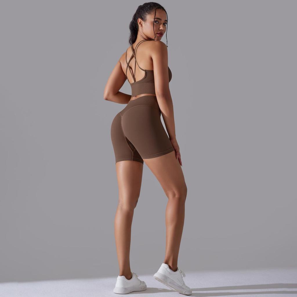 Бесшовный вязаный однотонный спортивный костюм с высокой эластичностью на спине для йоги и бега, комплект из двух предметов