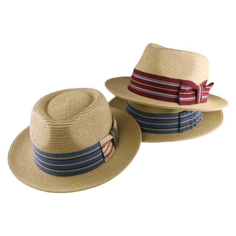 Соломенная шляпа Федора S/S с широкой полосатой лентой, плетеная шляпа от солнца для мужчин и женщин