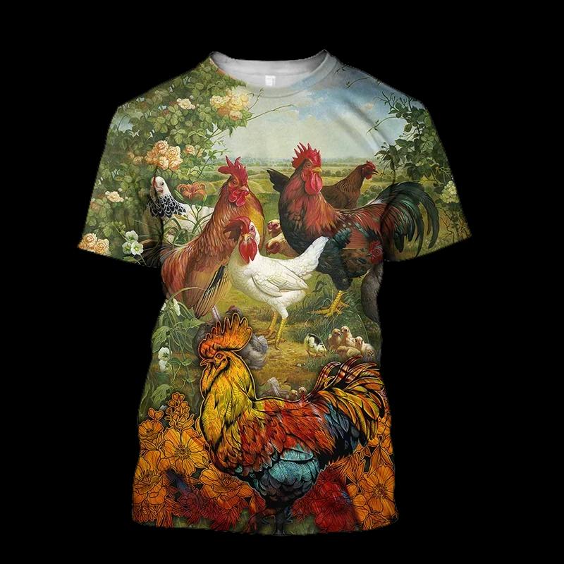 Fighting Rooster 3D Printed Round Neck T-shirt for Men, Fashionable Short Sleeved Pullover, Casual Street Harajuku Tops