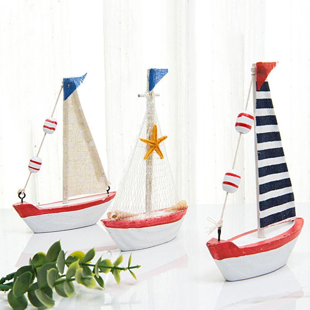 Wood Sailing Boat Model Mediterranean Style Miniature Boat Figurine  Office Room Livingroom