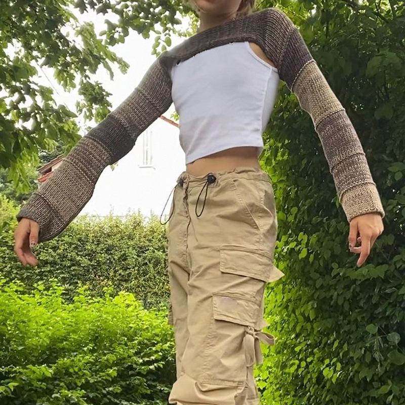 Осенняя футболка 2022 года, уличная одежда, вязаный крючком, лоскутный вязаный халат, топ, супер короткие джемперы с длинными рукавами, женская мода, эстетичная