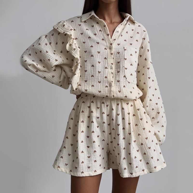 Women's Spring Ruffle Love Print Long Sleeve Shirt Wide Leg Shorts Casual Suit
